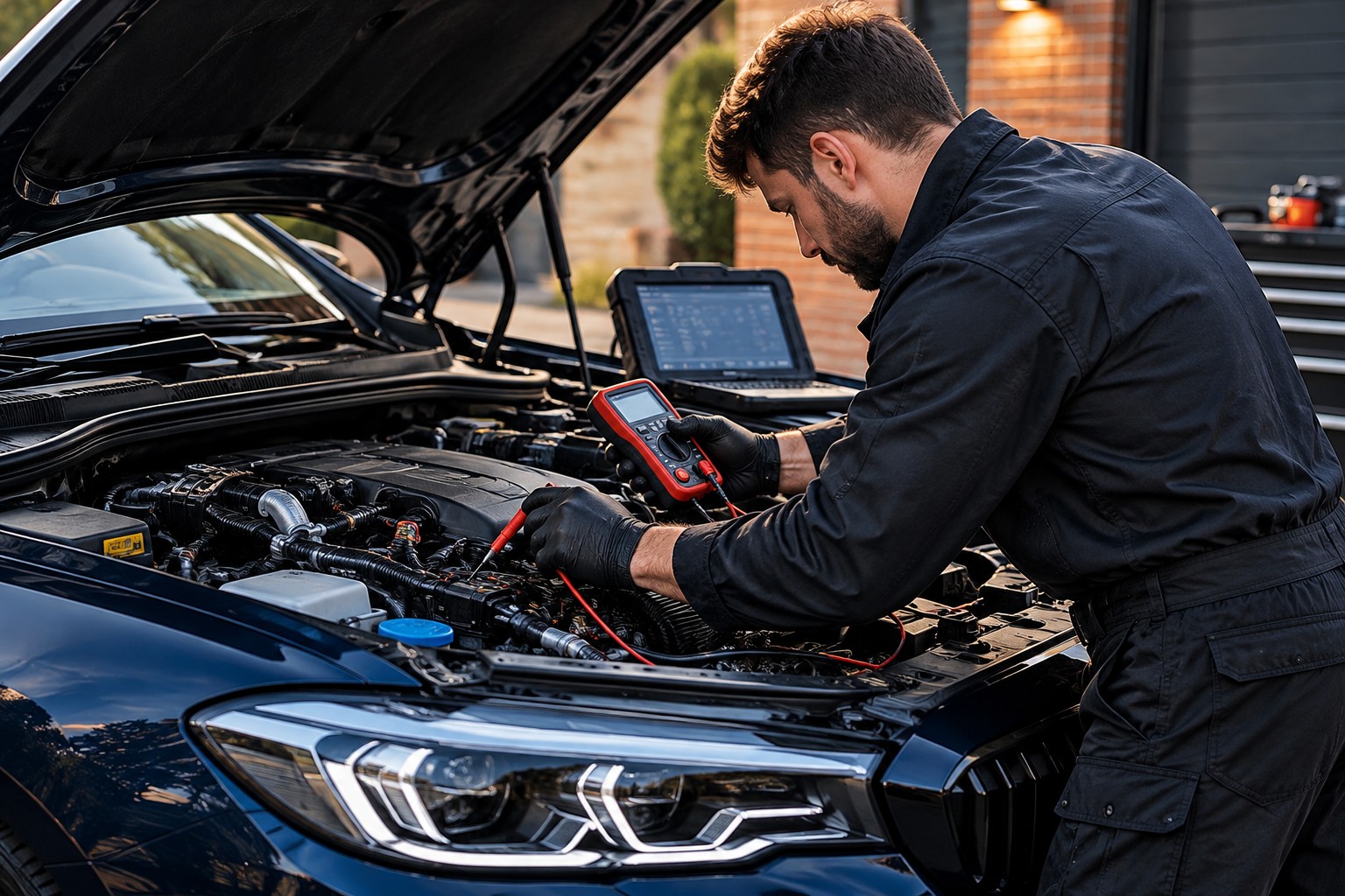 Auto electrician testing wiring and electrical circuits on a vehicle