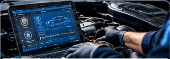 Mobile mechanic carrying out vehicle diagnostics and fault finding